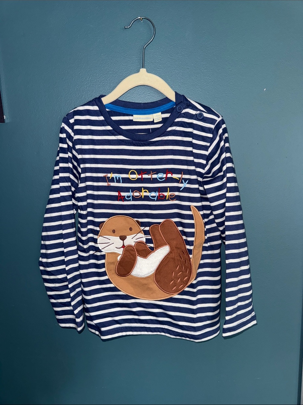 JoJo Maman Bebe Navy & White Striped Long-Sleeve Tee with Brown Otter